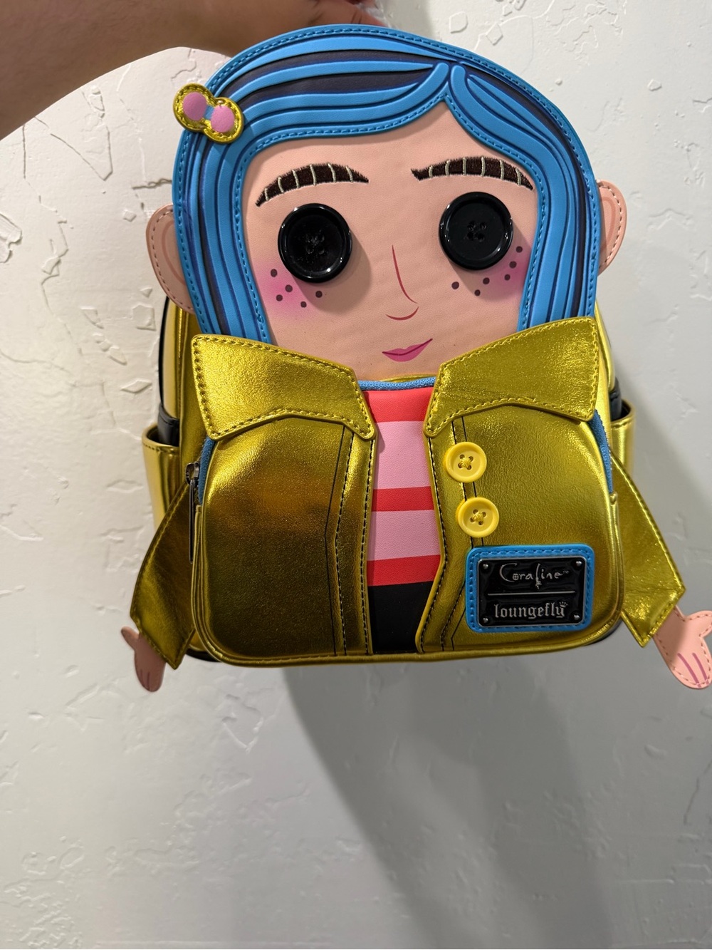 Loungefly Metallic Gold Coraline Mini Backpack with Blue Hair
